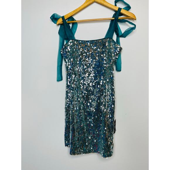 Lulus Dazzling Spectacle Teal and Silver Sequin Mini Dress Tie-Strap size S New - Picture 4 of 11